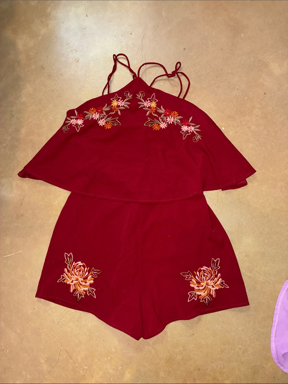 She + Sky Burgundy Embroidered Romper